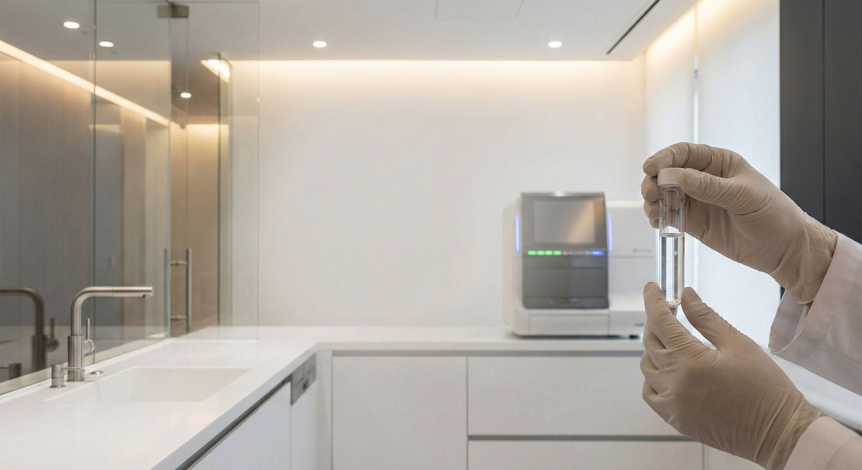 Imagem hero 3: close editorial de tecnologia/biomarcadores em tons neutros